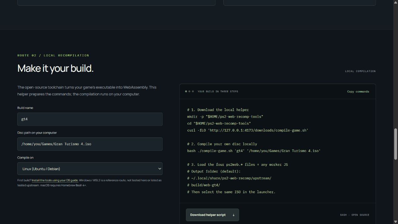 Website command generator with fields for the build name, disc path and operating system, beside the generated commands and Copy commands button.
