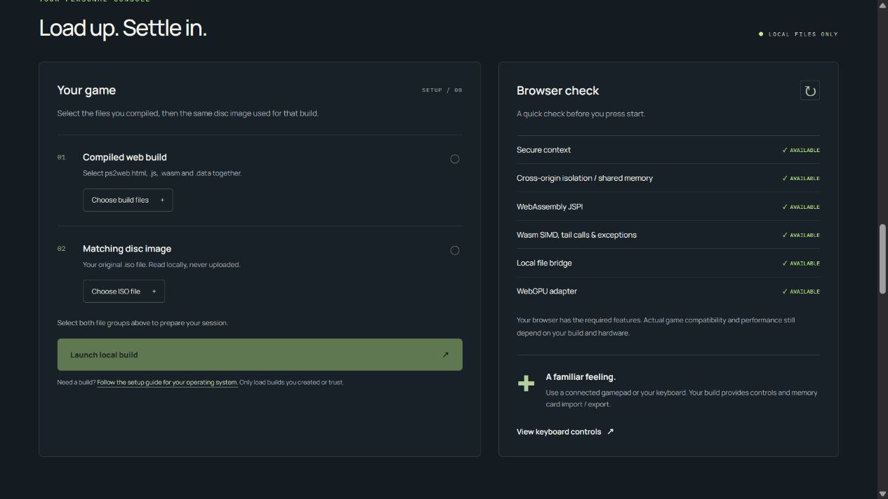 Local launcher showing Choose build files, Choose ISO file and Launch local build, next to the browser capability check.